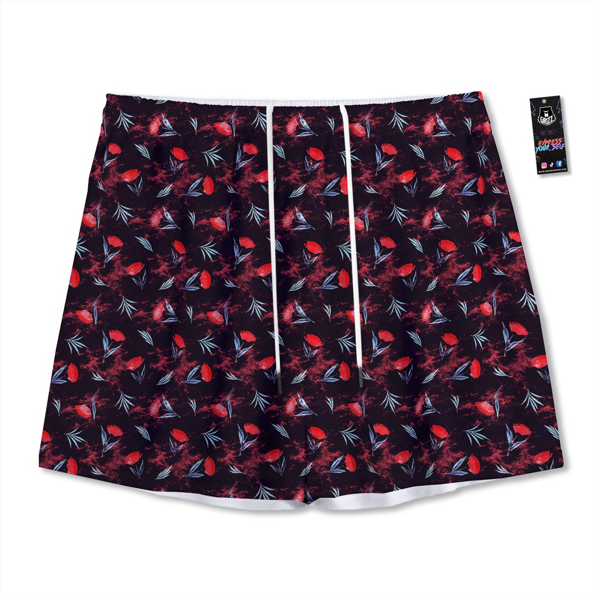 Carnation Black And Red Print Pattern Mesh Shorts