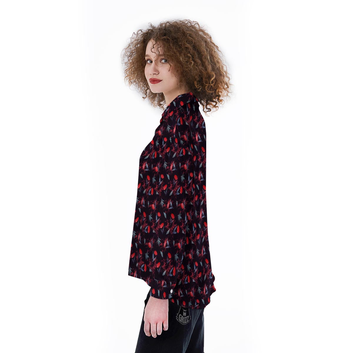 Carnation Black And Red Print Pattern Women's Long Sleeve Shirts-grizzshop