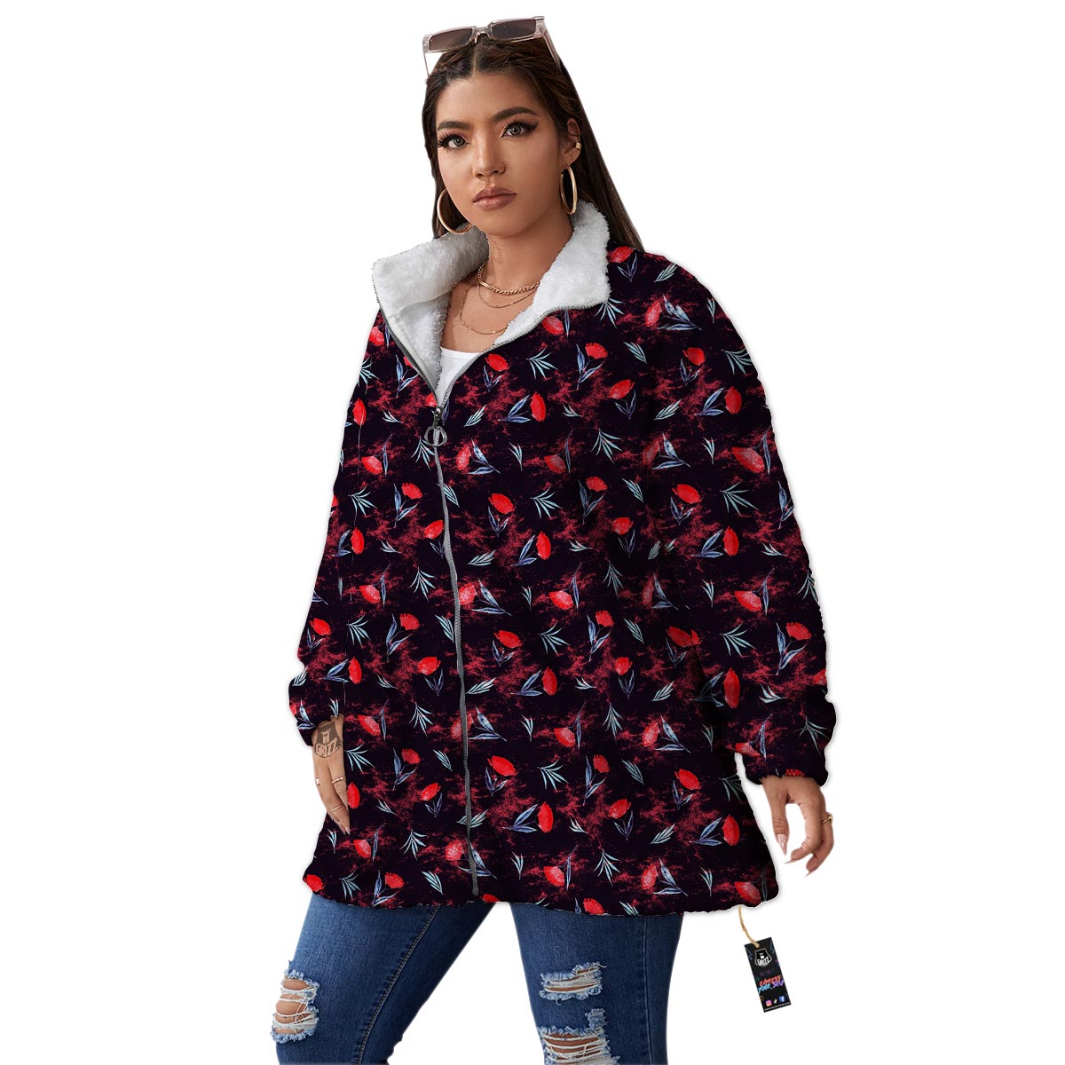 Carnation Black And Red Print Pattern Women's Sherpa Jacket-grizzshop