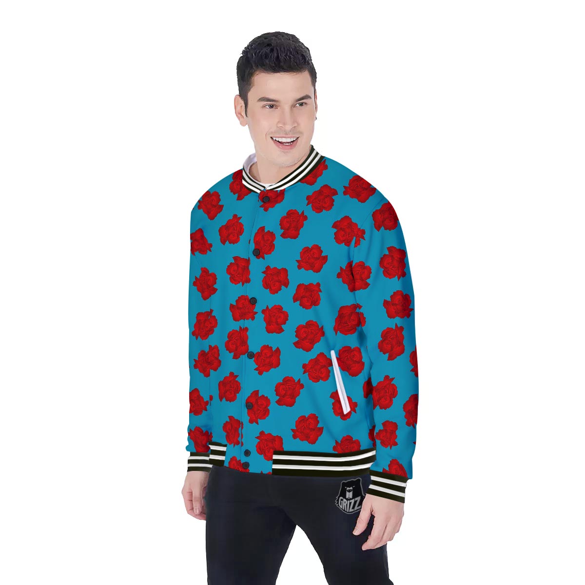 Carnation Blue And Red Print Pattern Baseball Jacket-grizzshop