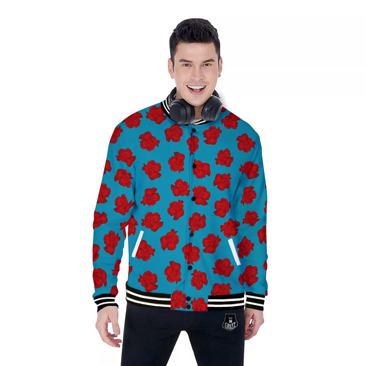 Carnation Blue And Red Print Pattern Baseball Jacket-grizzshop