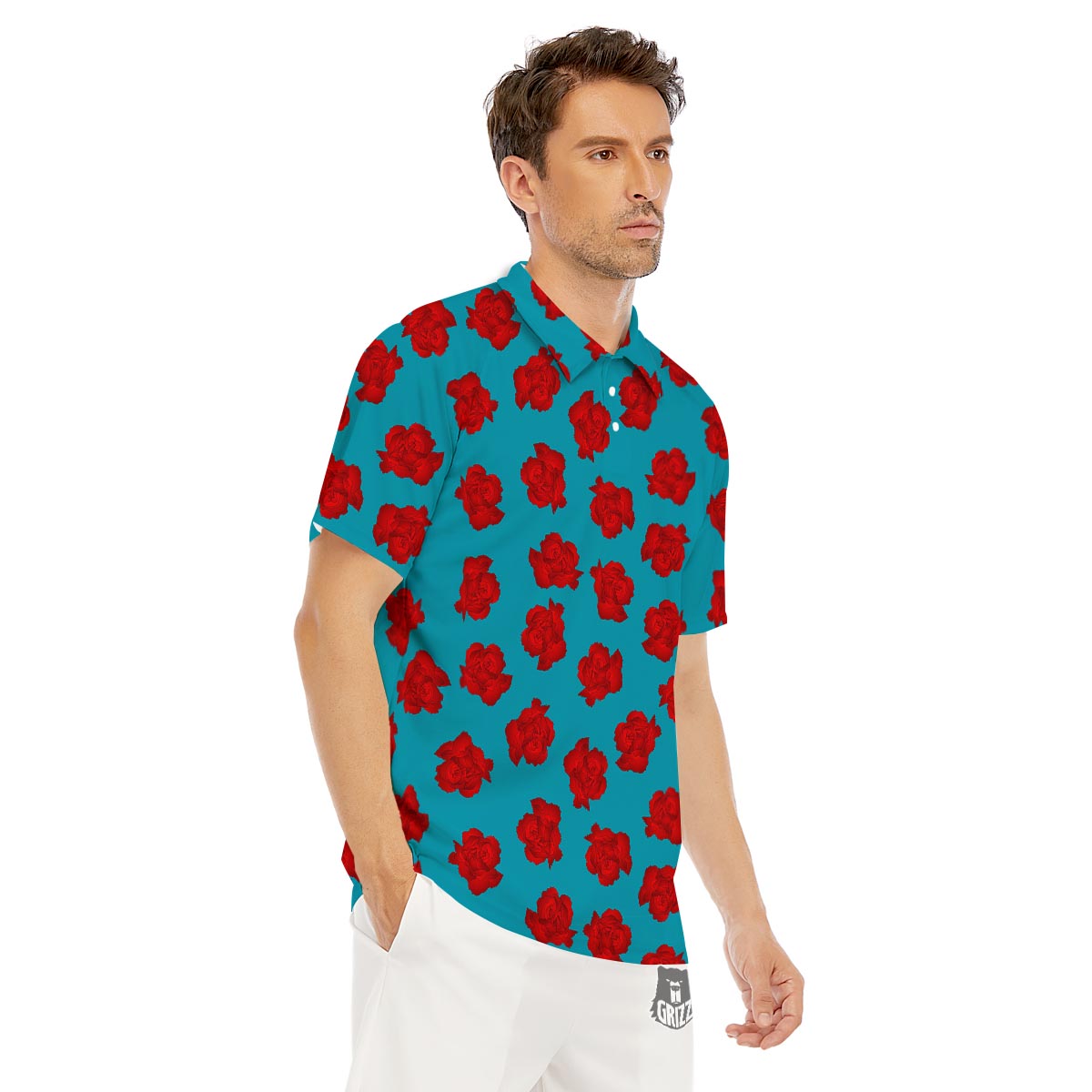 Carnation Blue And Red Print Pattern Men's Golf Shirts-grizzshop