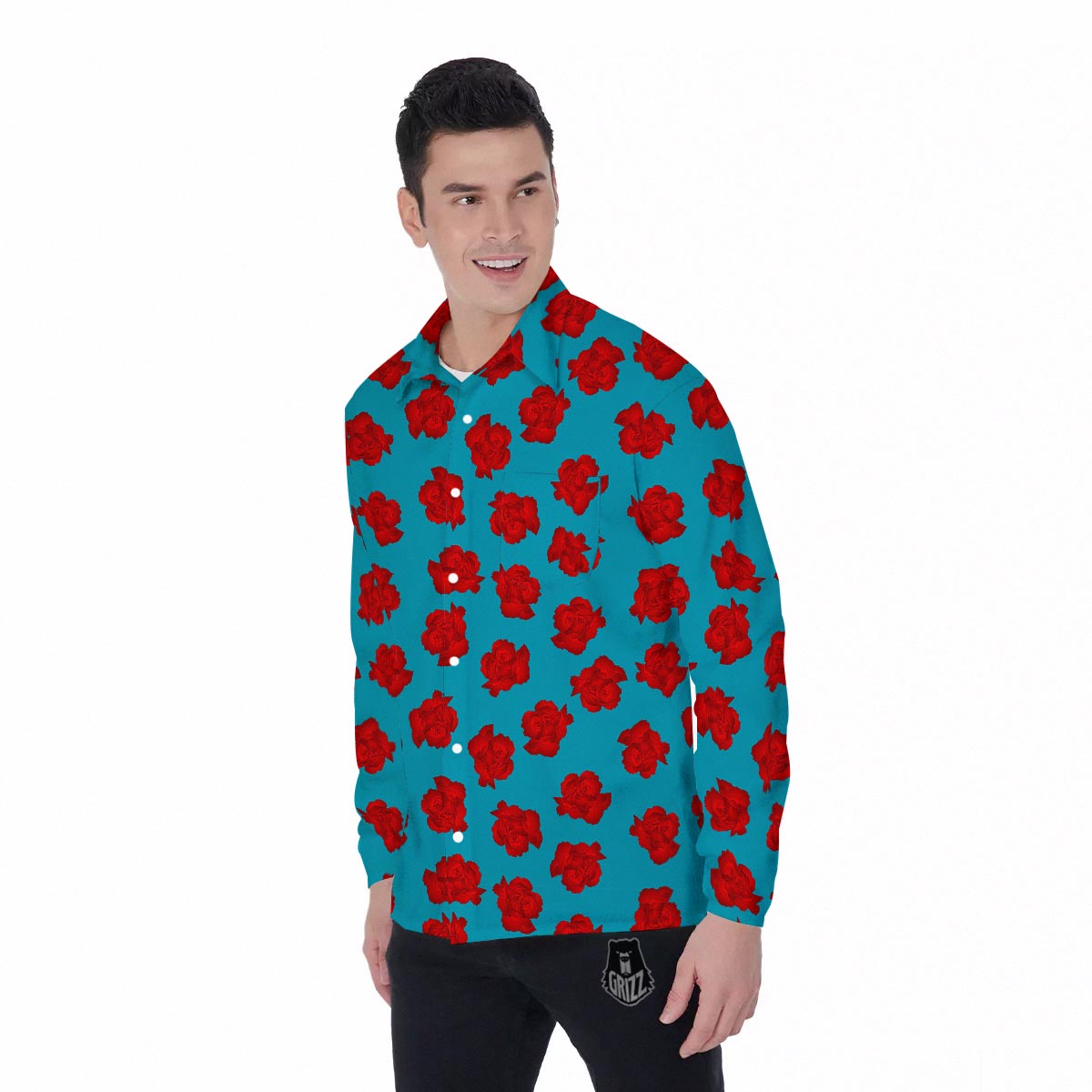 Carnation Blue And Red Print Pattern Men's Long Sleeve Shirts-grizzshop