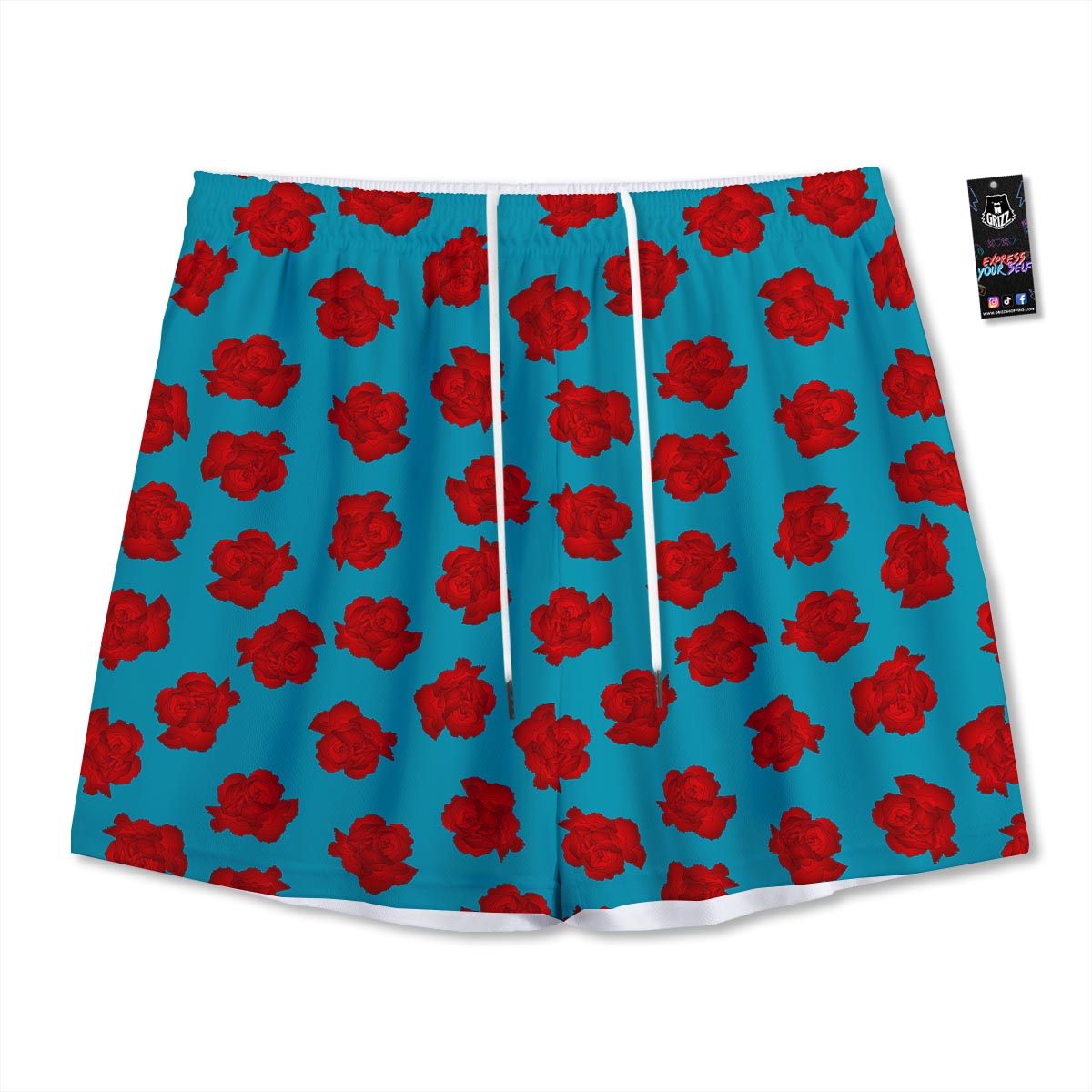 Carnation Blue And Red Print Pattern Mesh Shorts
