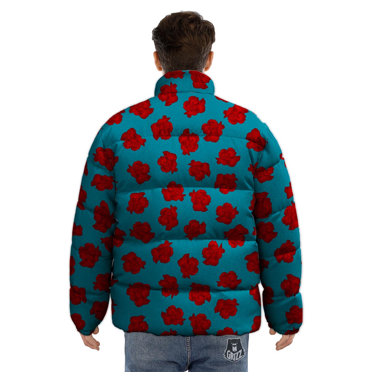 Carnation Blue And Red Print Pattern Puffer Jacket-grizzshop