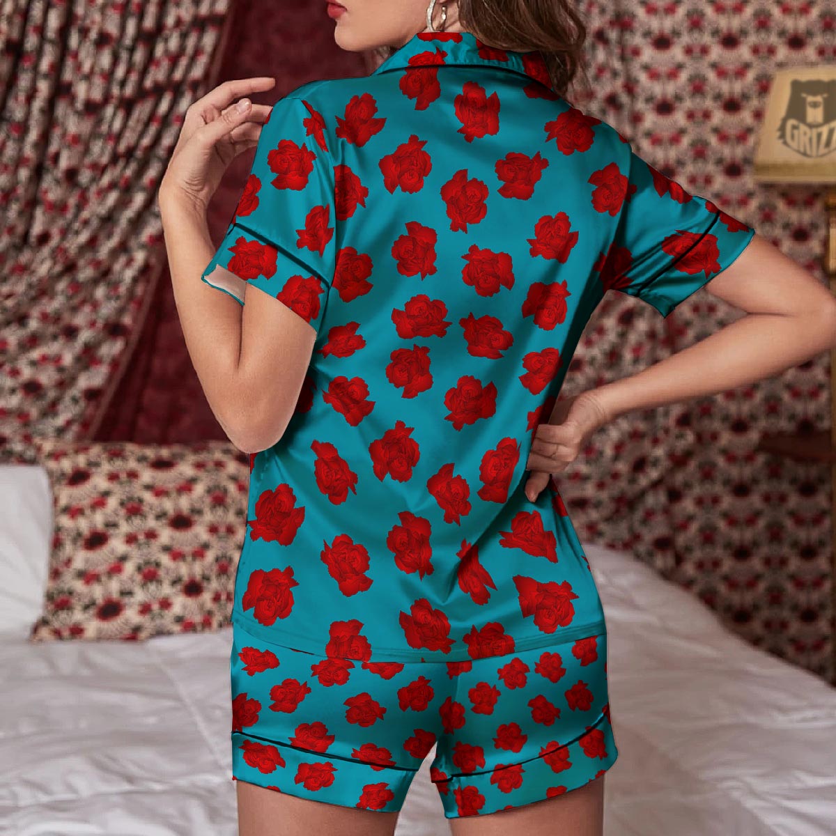 Carnation Blue And Red Print Pattern Women Silk Pajamas-grizzshop