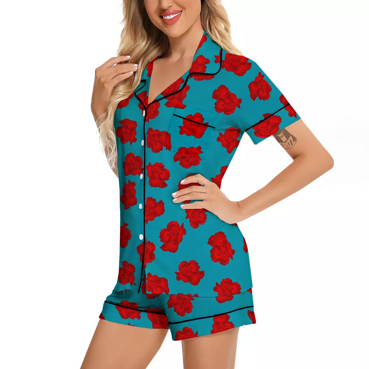 Carnation Blue And Red Print Pattern Women Silk Pajamas-grizzshop
