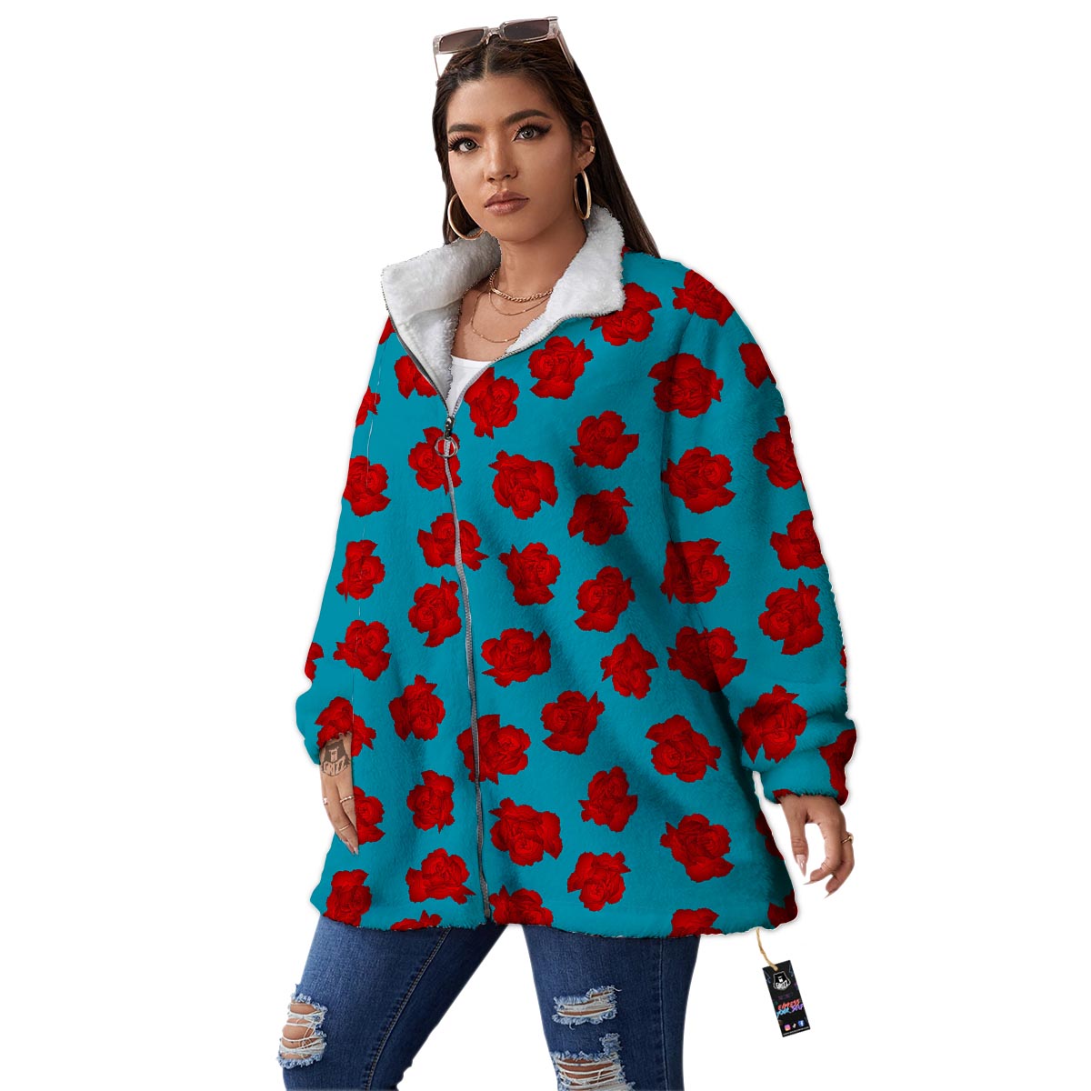 Carnation Blue And Red Print Pattern Women's Sherpa Jacket-grizzshop