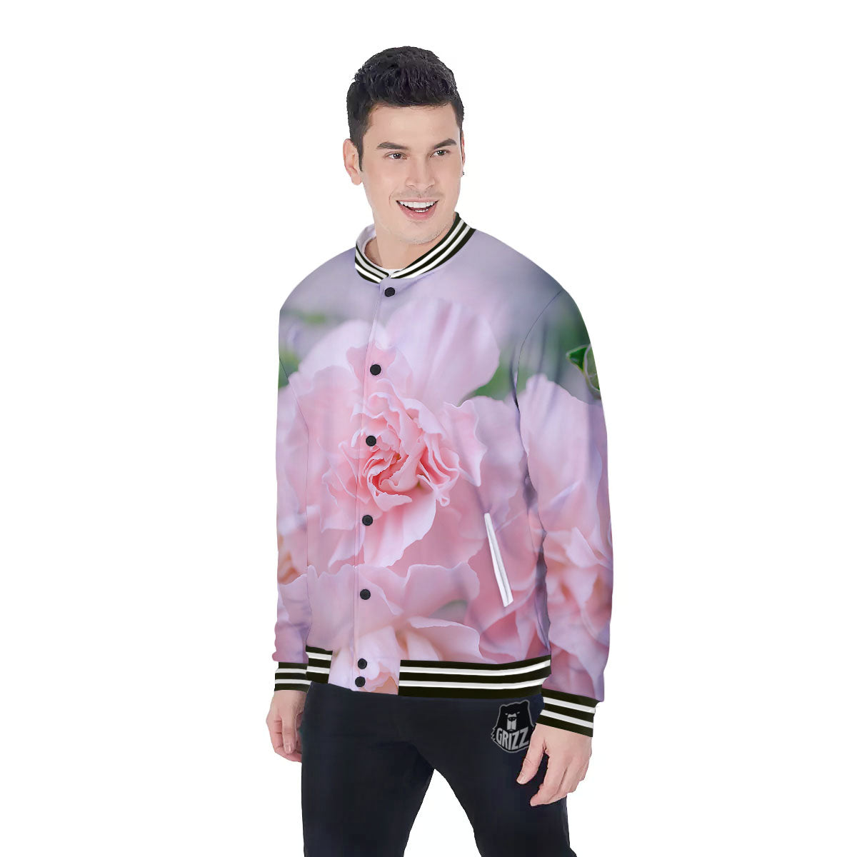 Carnation Flower Pink Print Baseball Jacket-grizzshop