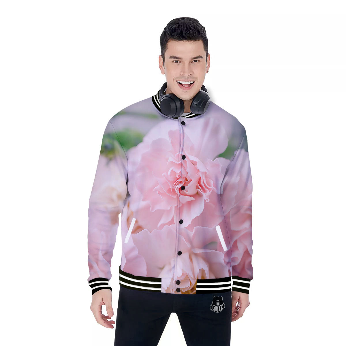 Carnation Flower Pink Print Baseball Jacket-grizzshop