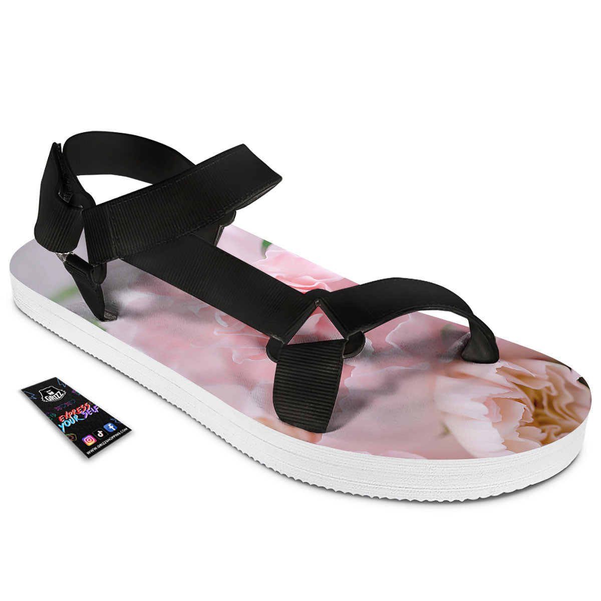 Carnation Flower Pink Print Black Open Toe Sandals-grizzshop