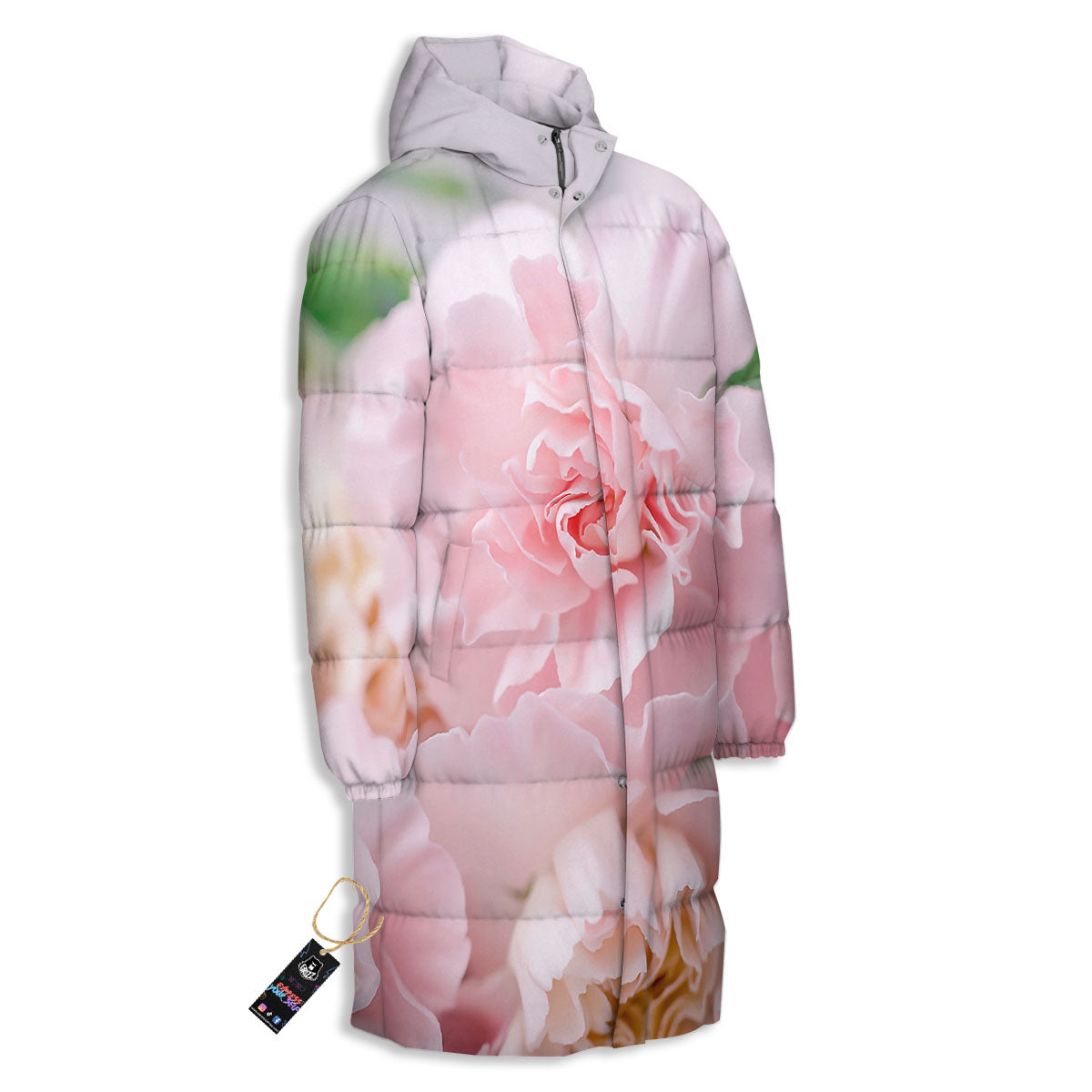 Carnation Flower Pink Print Long Down Jacket-grizzshop