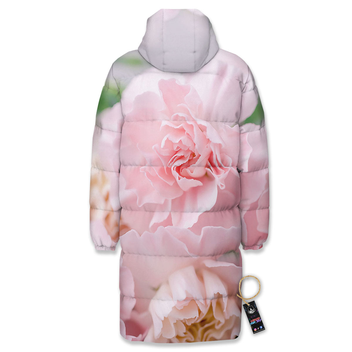 Carnation Flower Pink Print Long Down Jacket-grizzshop