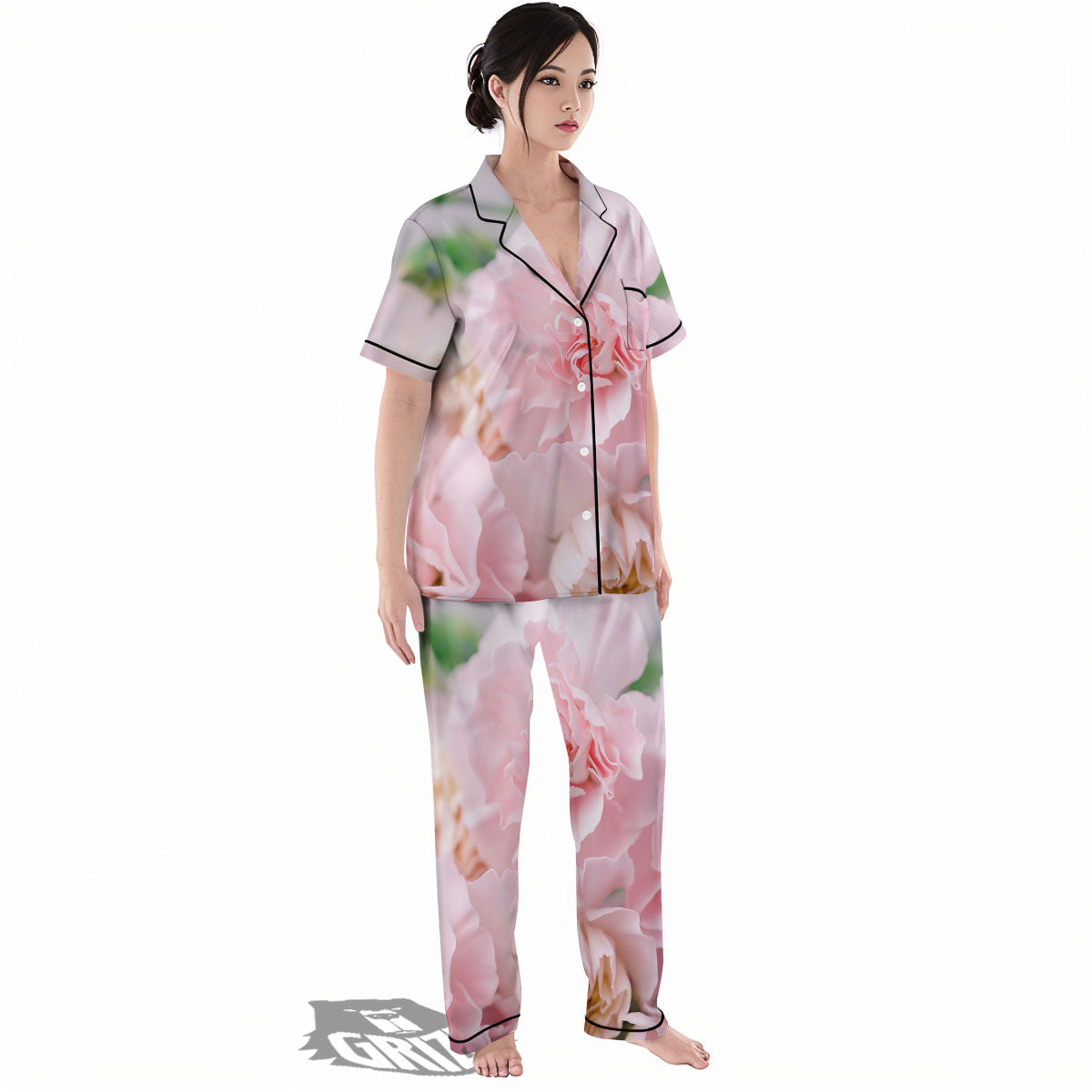 Carnation Flower Pink Print Women's Pajamas Set-grizzshop
