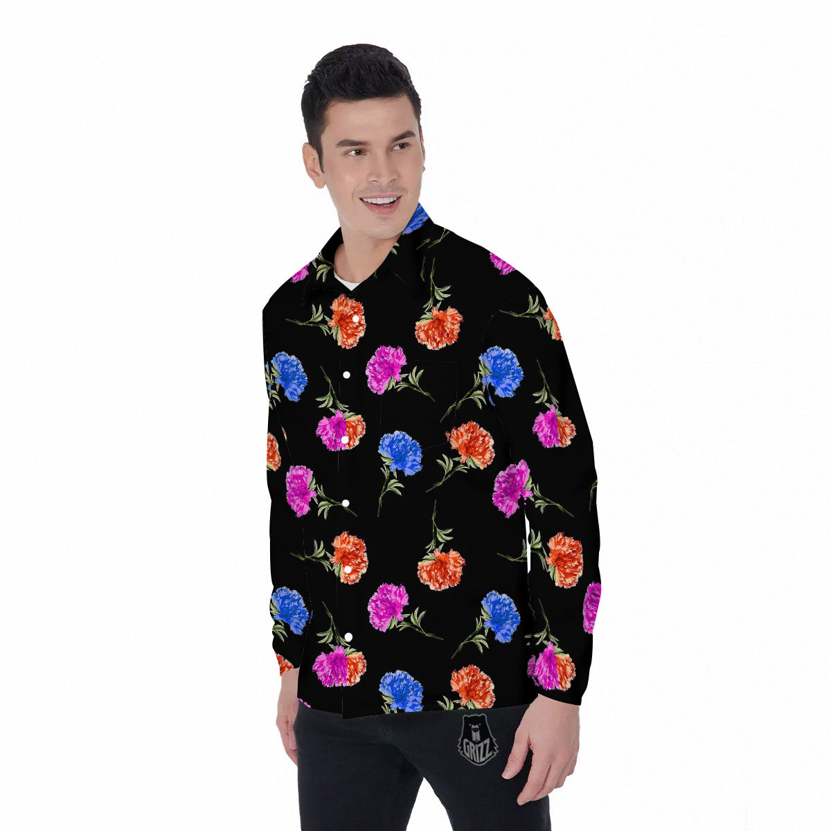 Carnation Watercolor Print Pattern Men's Long Sleeve Shirts-grizzshop