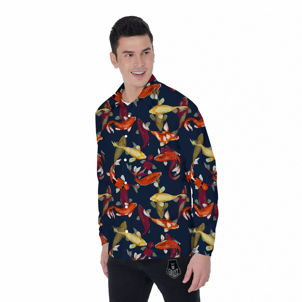 Carp Fish Koi Watercolor Print Pattern Men's Long Sleeve Shirts-grizzshop