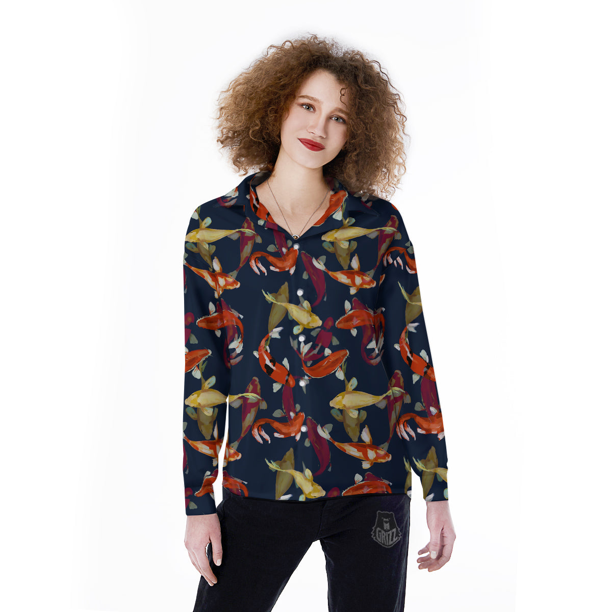Carp Fish Koi Watercolor Print Pattern Women's Long Sleeve Shirts-grizzshop