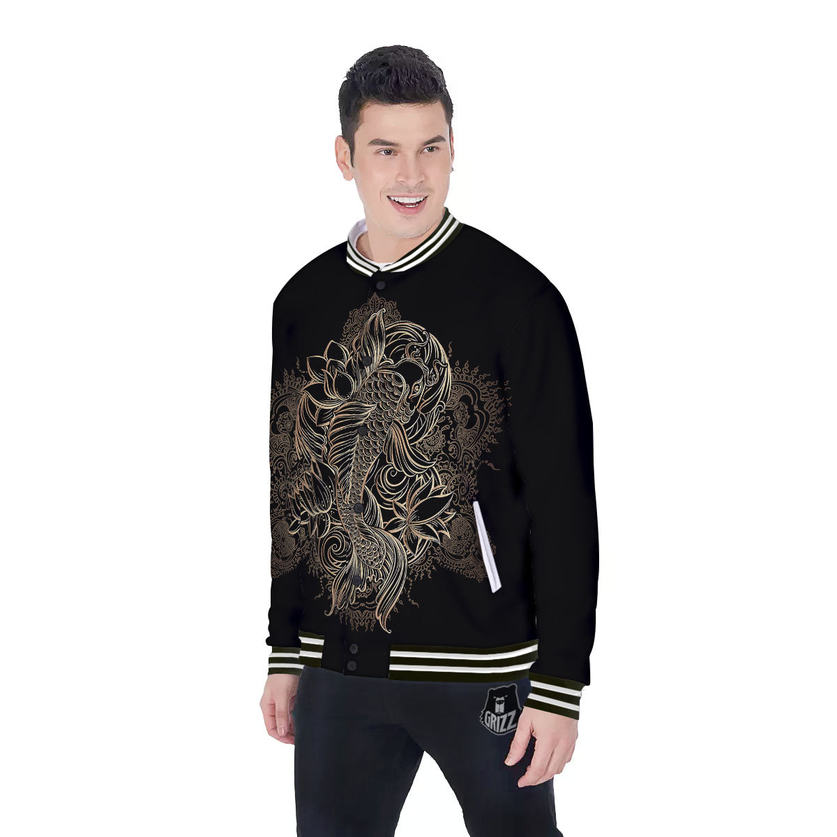 Carp Koi Fish Gold Print Baseball Jacket-grizzshop