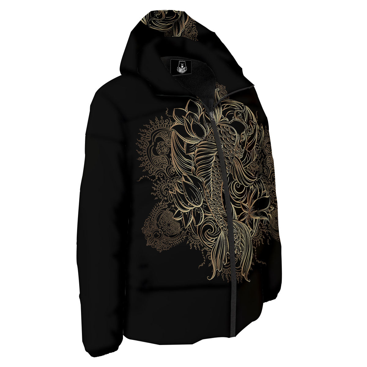 Carp Koi Fish Gold Print Down Jacket-grizzshop