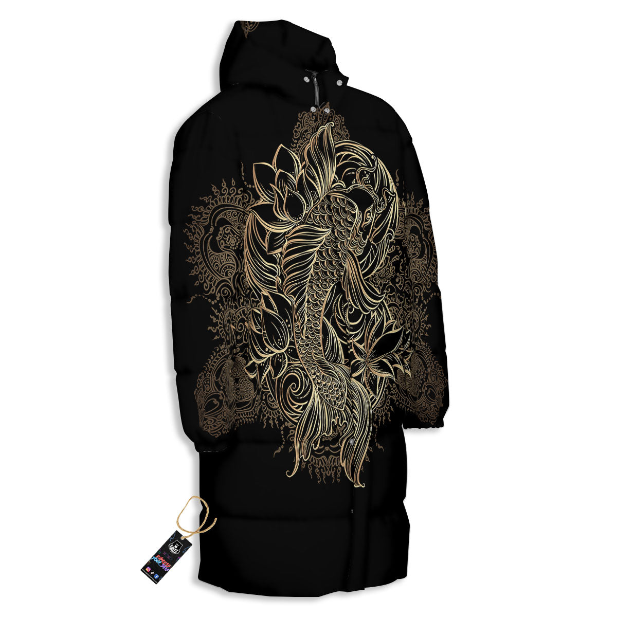Carp Koi Fish Gold Print Long Down Jacket-grizzshop