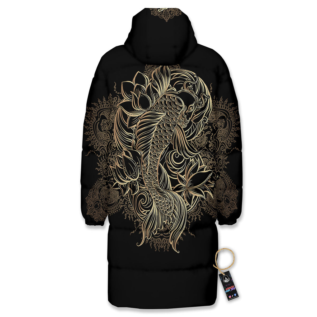 Carp Koi Fish Gold Print Long Down Jacket-grizzshop