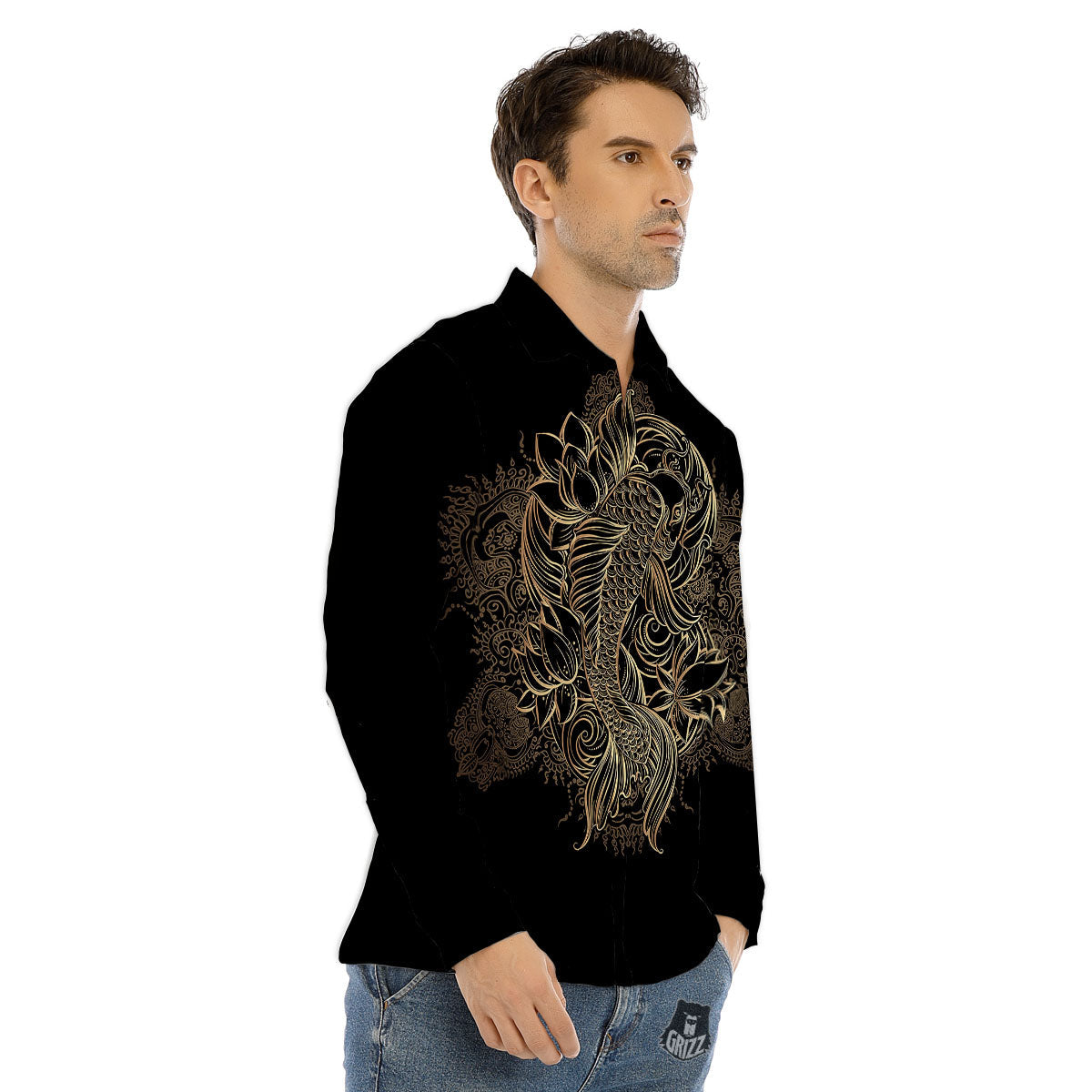 Carp Koi Fish Gold Print Men's Dress Shirts-grizzshop