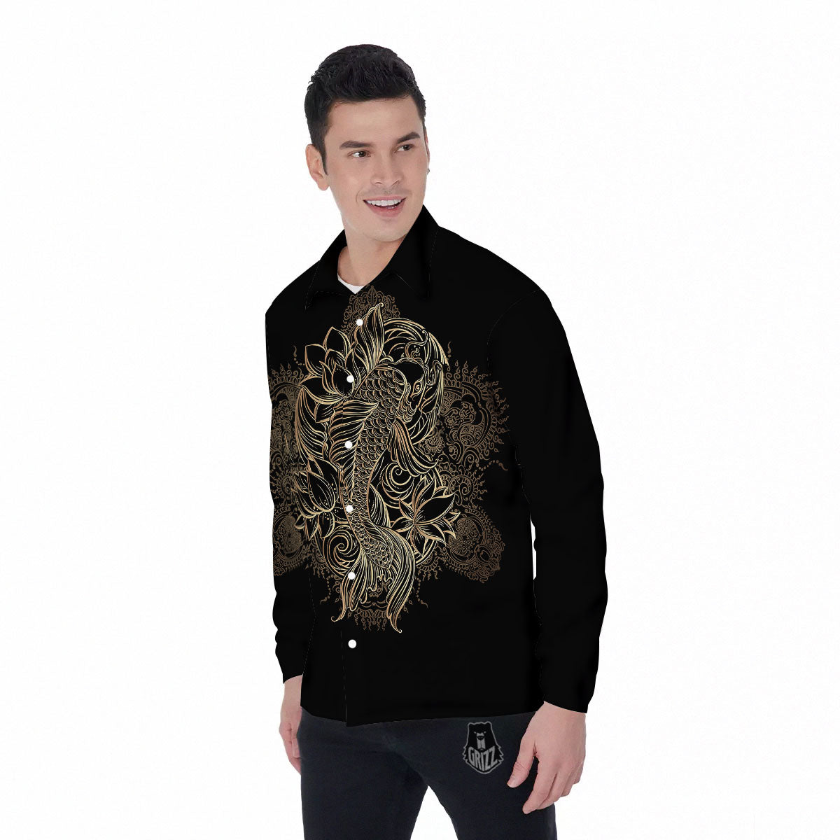 Carp Koi Fish Gold Print Men's Long Sleeve Shirts-grizzshop