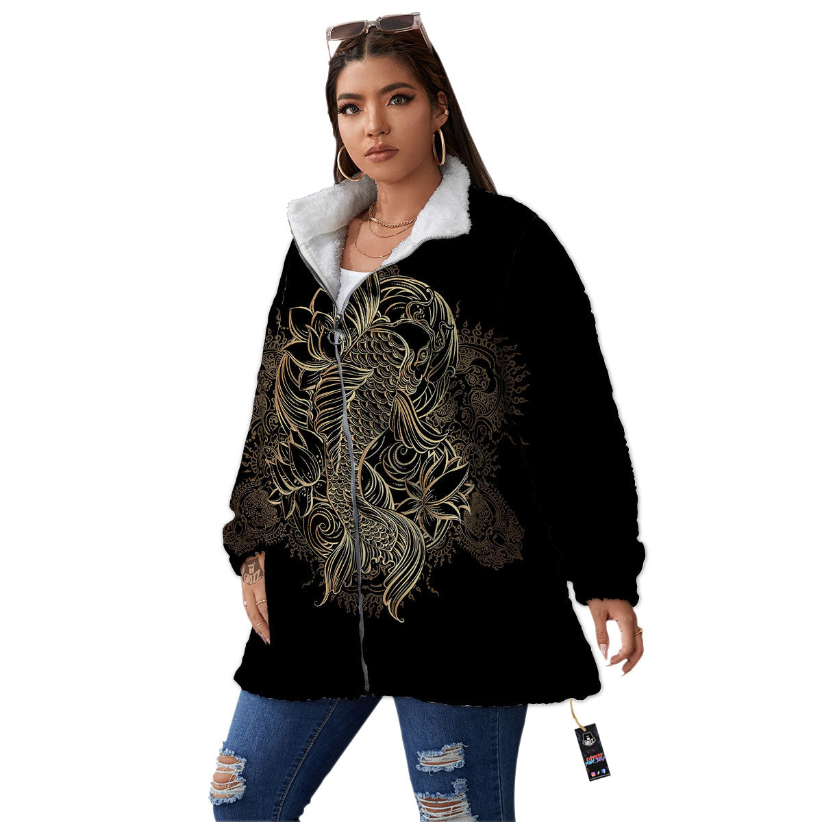 Carp Koi Fish Gold Print Women's Sherpa Jacket-grizzshop