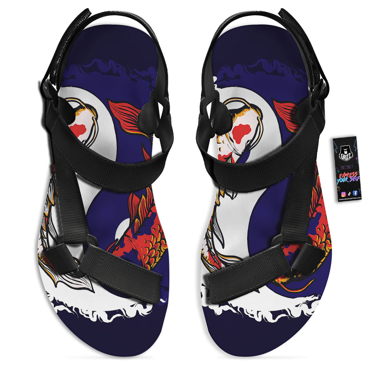Carp Koi Fish Yin And Yang Print Black Open Toe Sandals-grizzshop