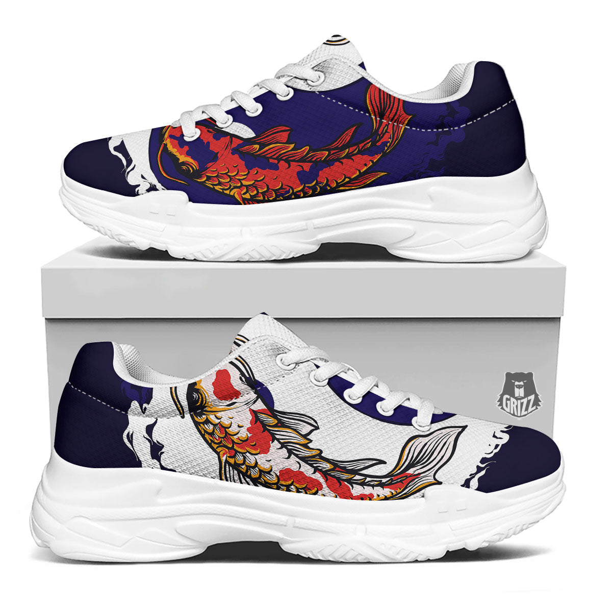 Carp Koi Fish Yin And Yang Print White Chunky Shoes-grizzshop