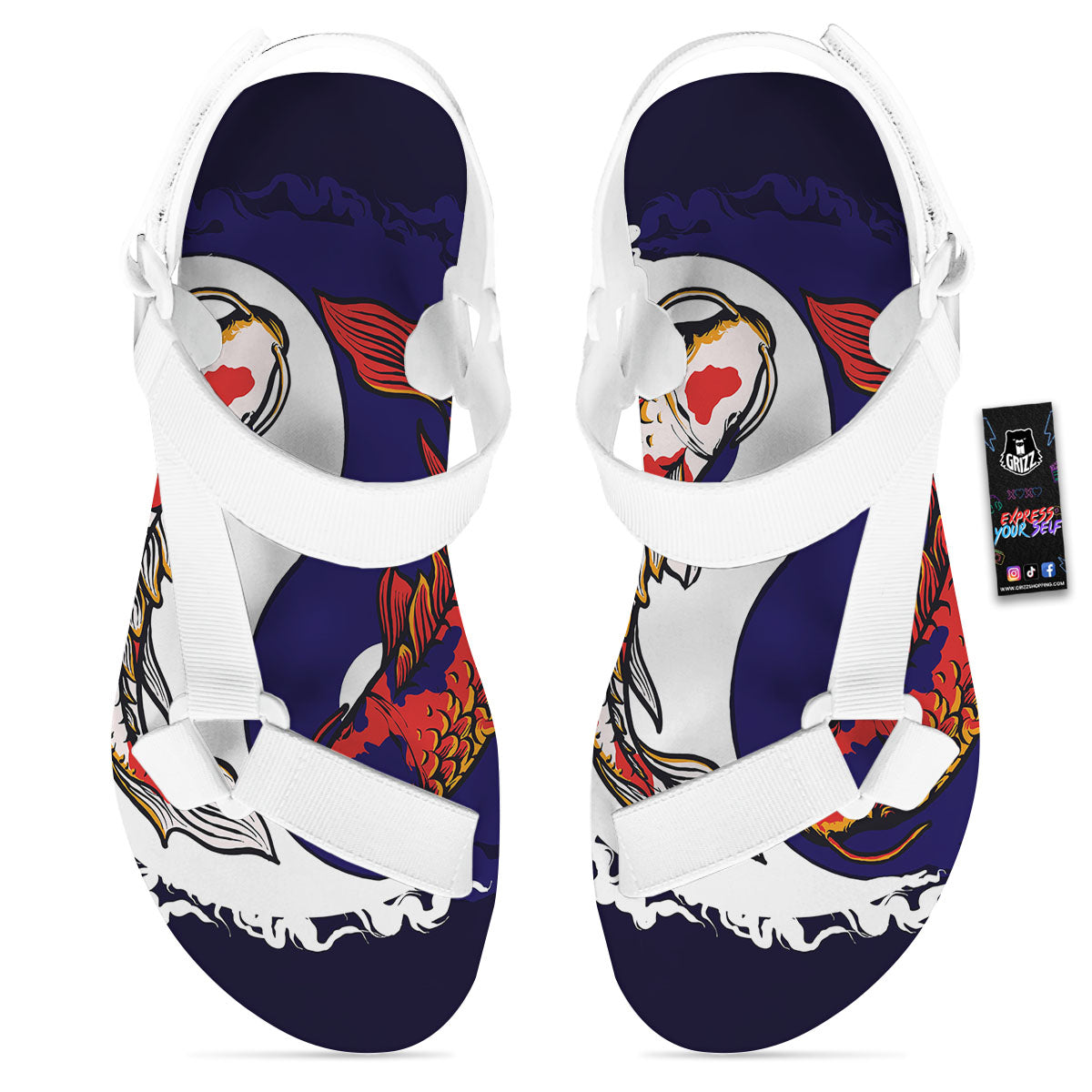 Carp Koi Fish Yin And Yang Print White Open Toe Sandals-grizzshop