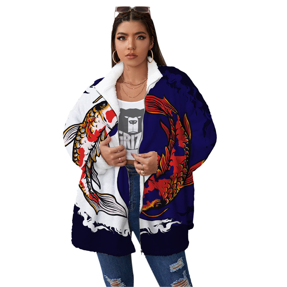 Carp Koi Fish Yin And Yang Print Women's Sherpa Jacket-grizzshop
