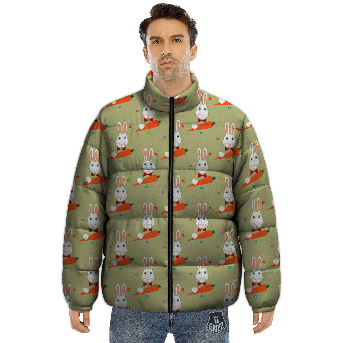 Carrot And Rabbit Print Pattern Puffer Jacket-grizzshop