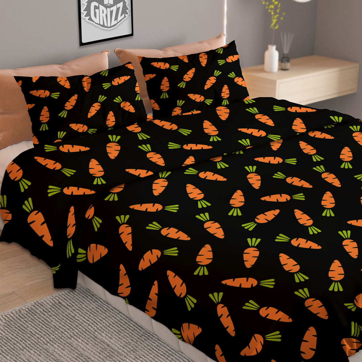 Carrot Black Print Pattern Duvet Cover Bedding Set