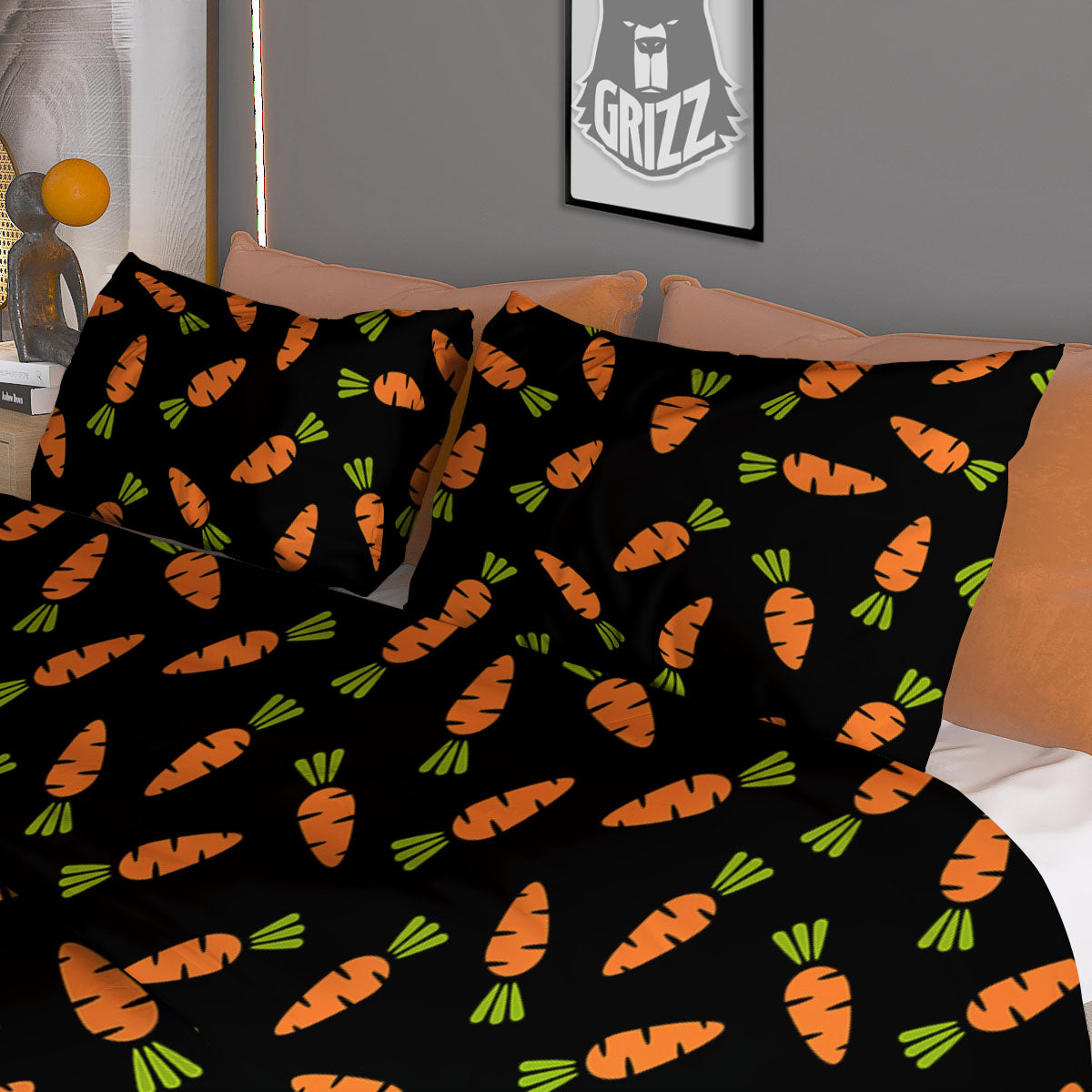 Carrot Black Print Pattern Duvet Cover Bedding Set