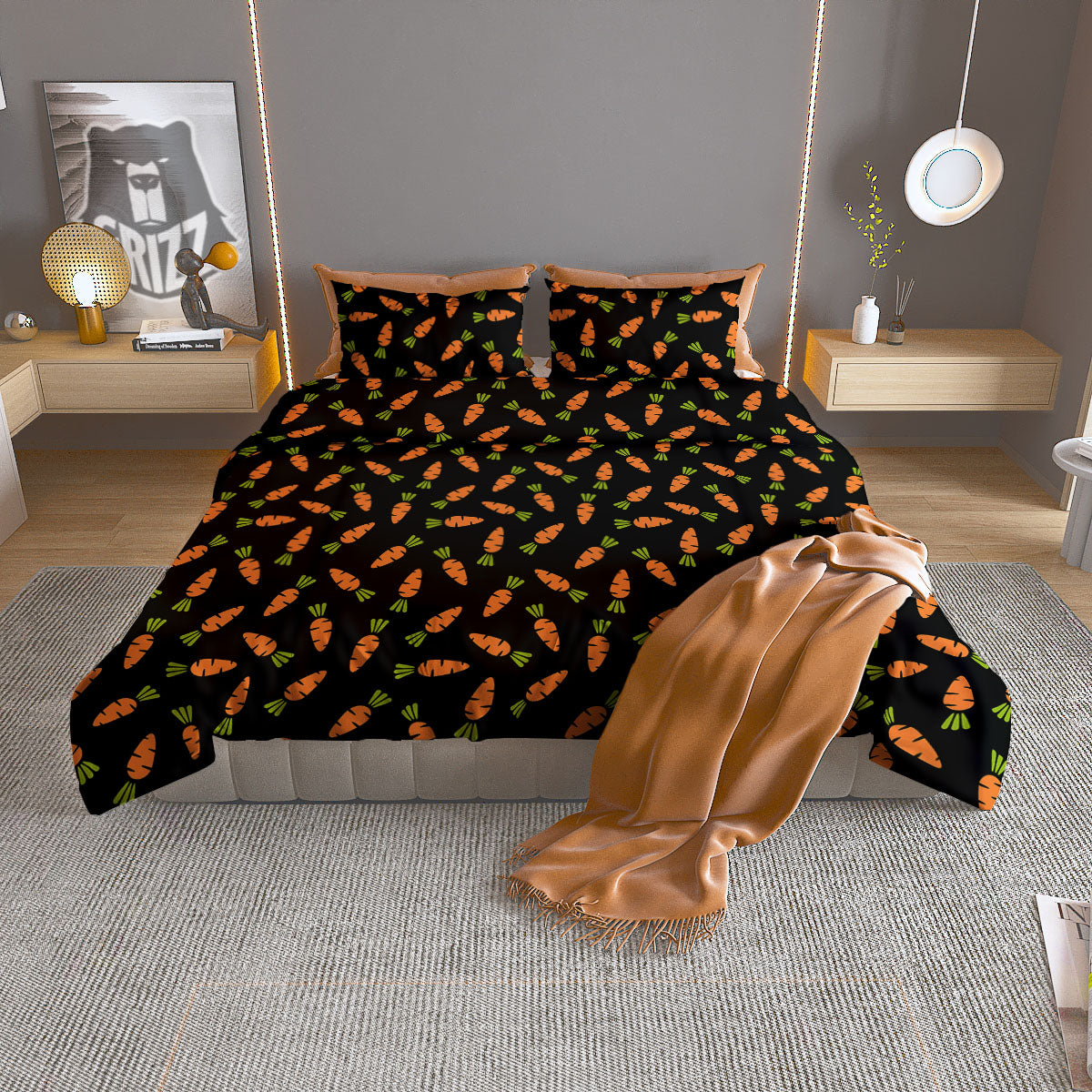 Carrot Black Print Pattern Duvet Cover Bedding Set