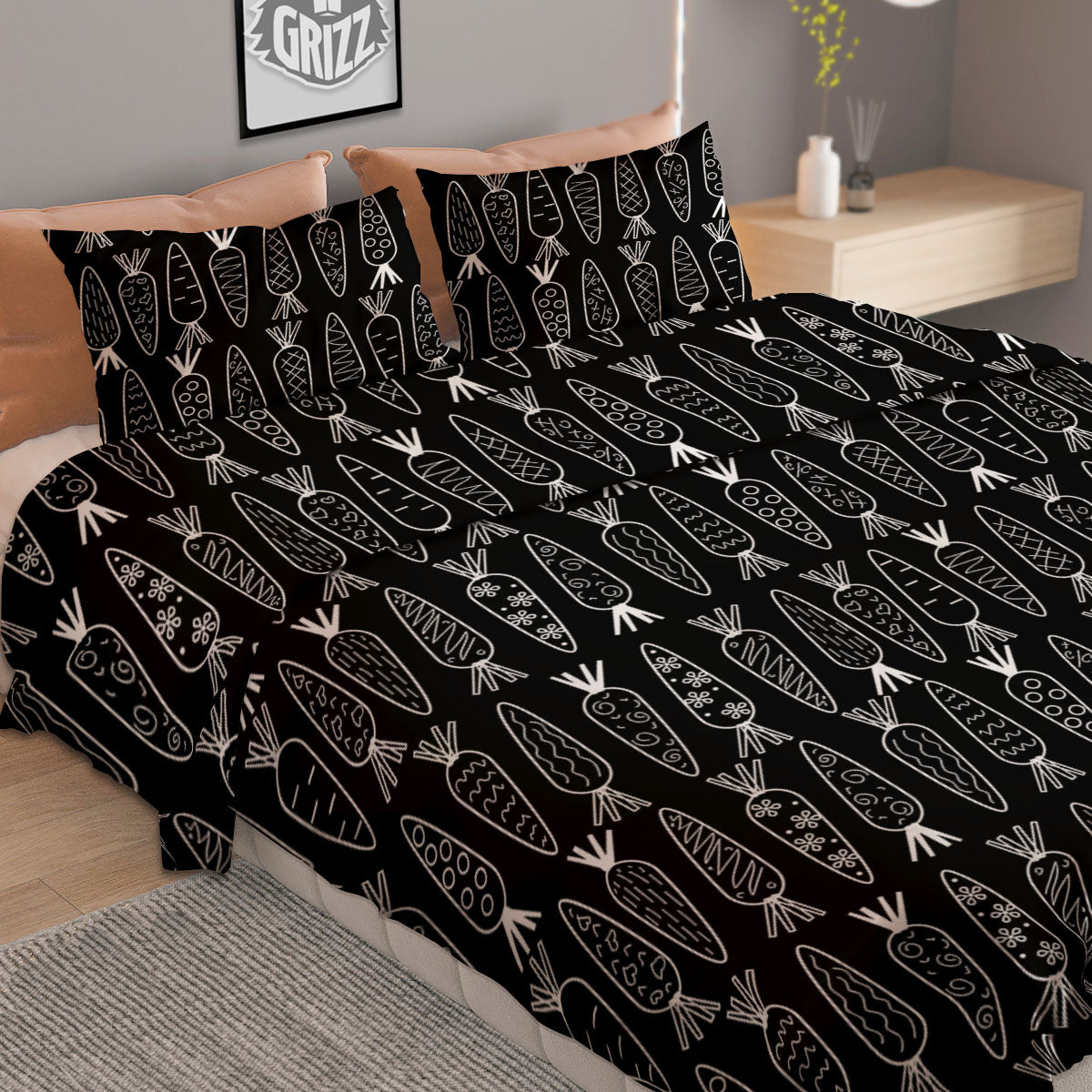 Carrot White And Black Print Pattern Duvet Cover Bedding Set