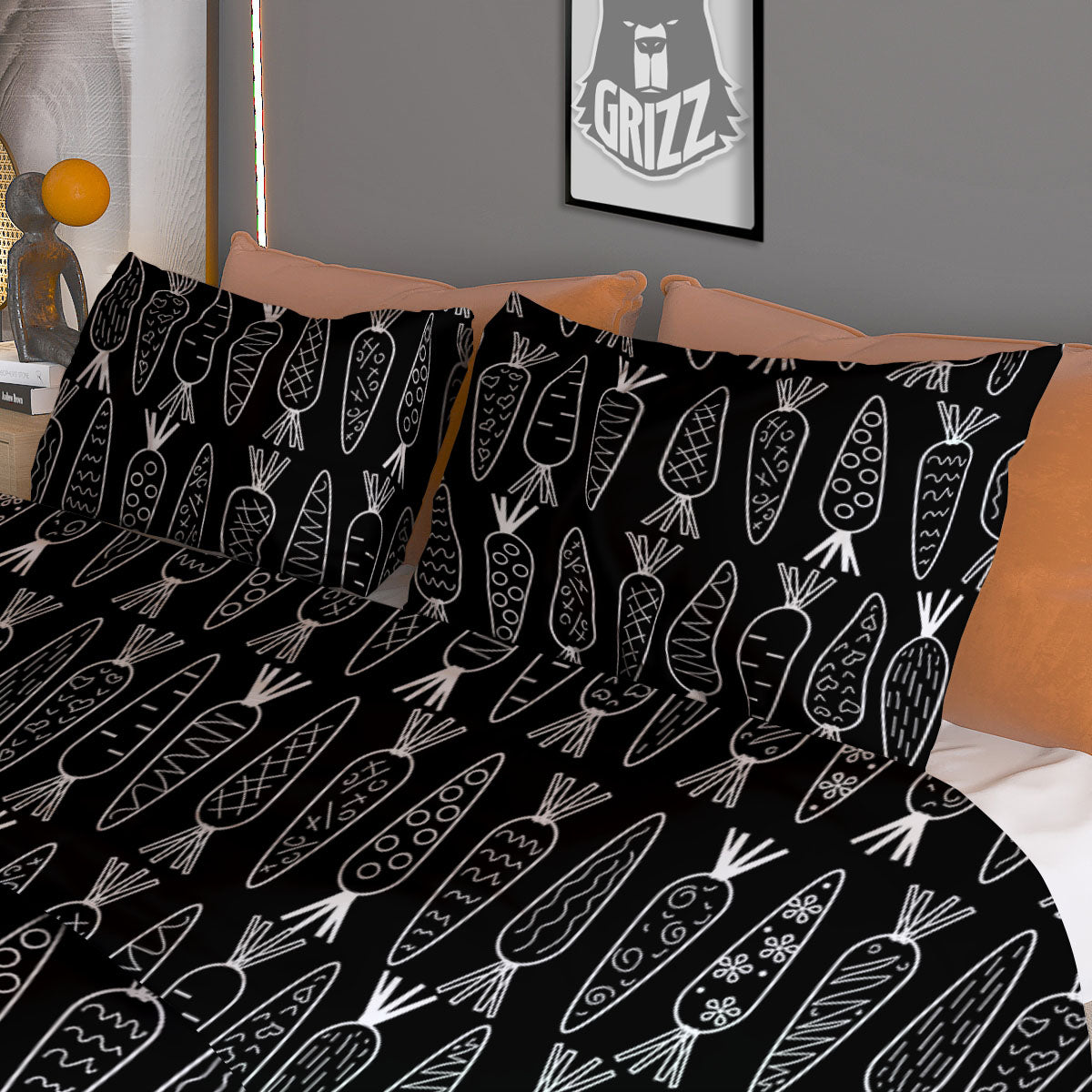 Carrot White And Black Print Pattern Duvet Cover Bedding Set