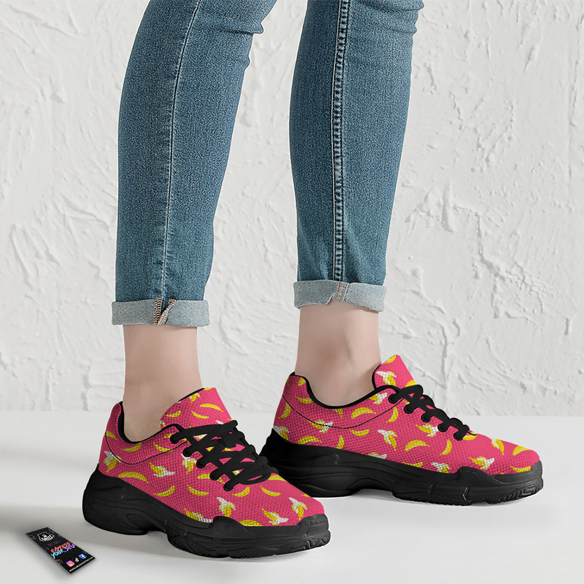 Cartoon Banana Pink Print Pattern Black Chunky Shoes-grizzshop