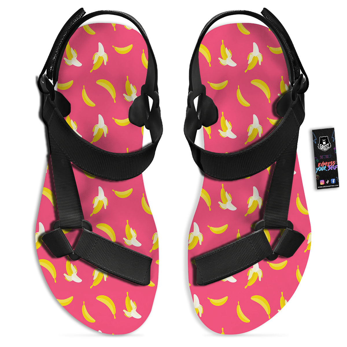 Cartoon Banana Pink Print Pattern Black Open Toe Sandals-grizzshop