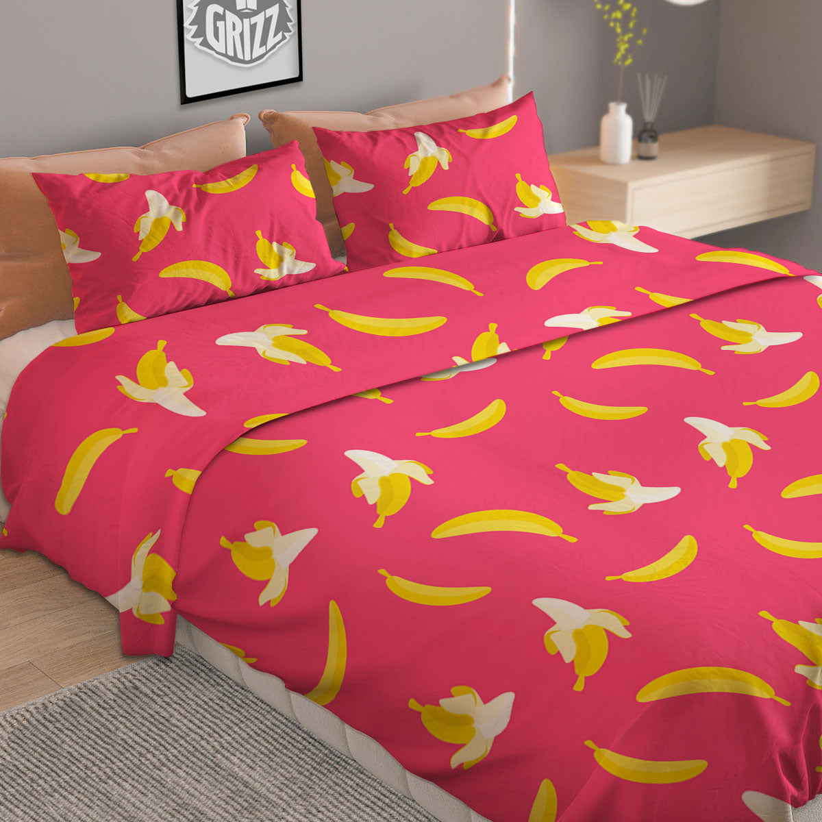 Cartoon Banana Pink Print Pattern Duvet Cover Bedding Set