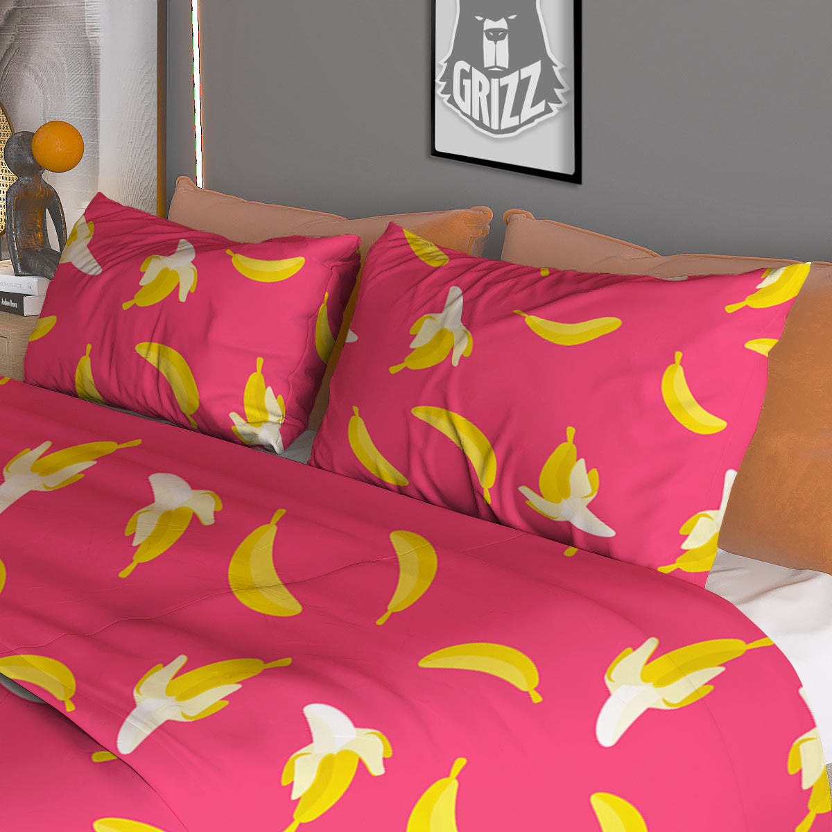 Cartoon Banana Pink Print Pattern Duvet Cover Bedding Set