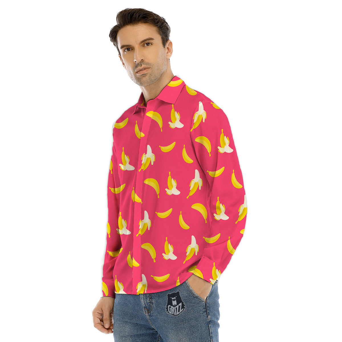 Cartoon Banana Pink Print Pattern Men's Dress Shirts-grizzshop
