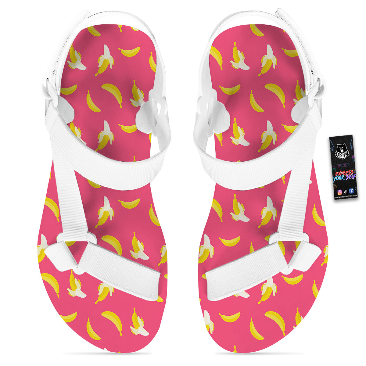 Cartoon Banana Pink Print Pattern White Open Toe Sandals-grizzshop