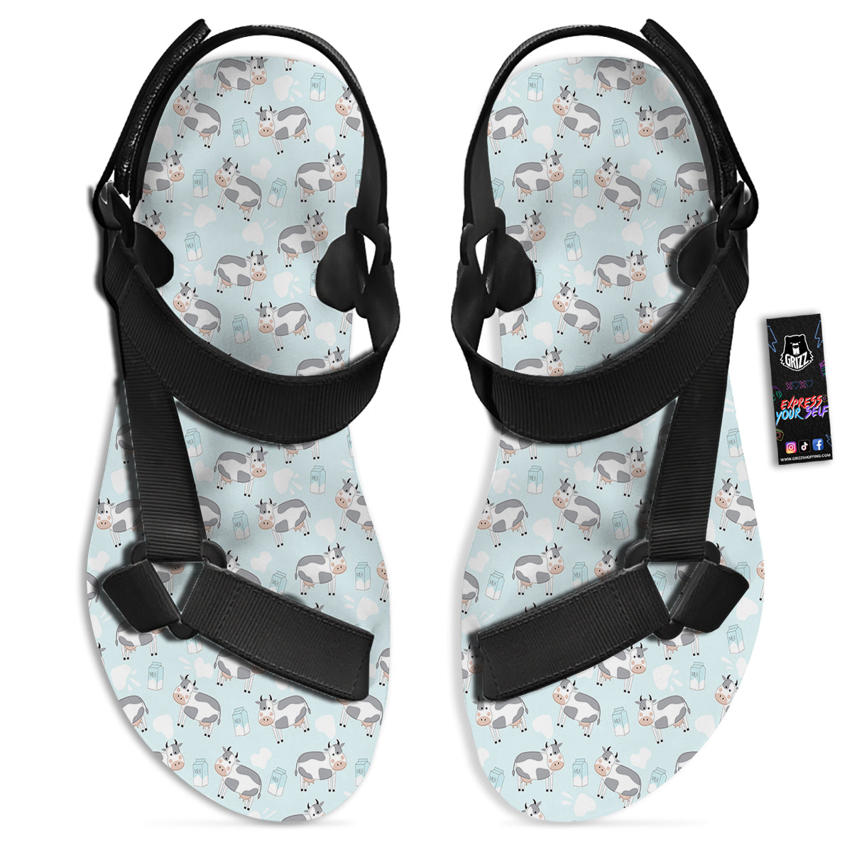 Cartoon Cows Milk Print Pattern Black Open Toe Sandals-grizzshop