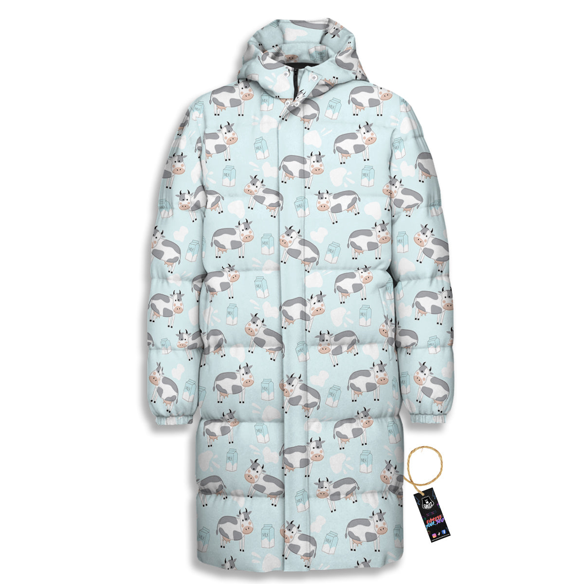 Cartoon Cows Milk Print Pattern Long Down Jacket-grizzshop