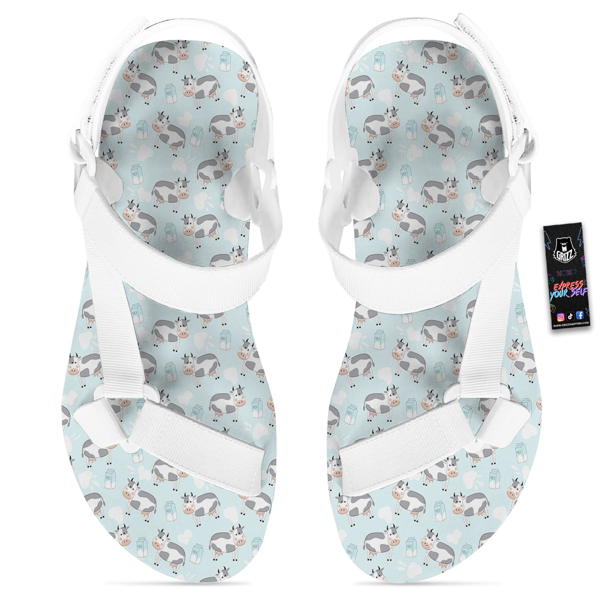 Cartoon Cows Milk Print Pattern White Open Toe Sandals-grizzshop