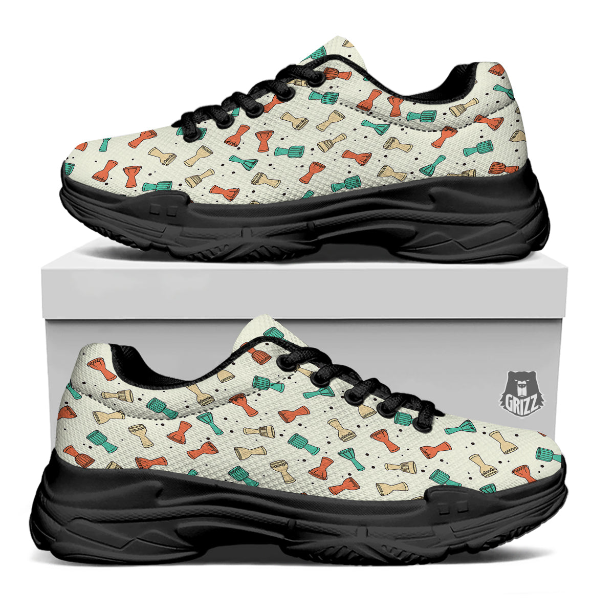 Cartoon Drum Print Pattern Black Chunky Shoes-grizzshop