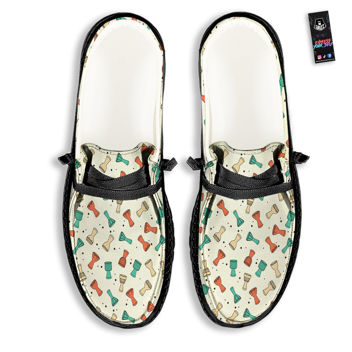 Cartoon Drum Print Pattern Black Loafers-grizzshop
