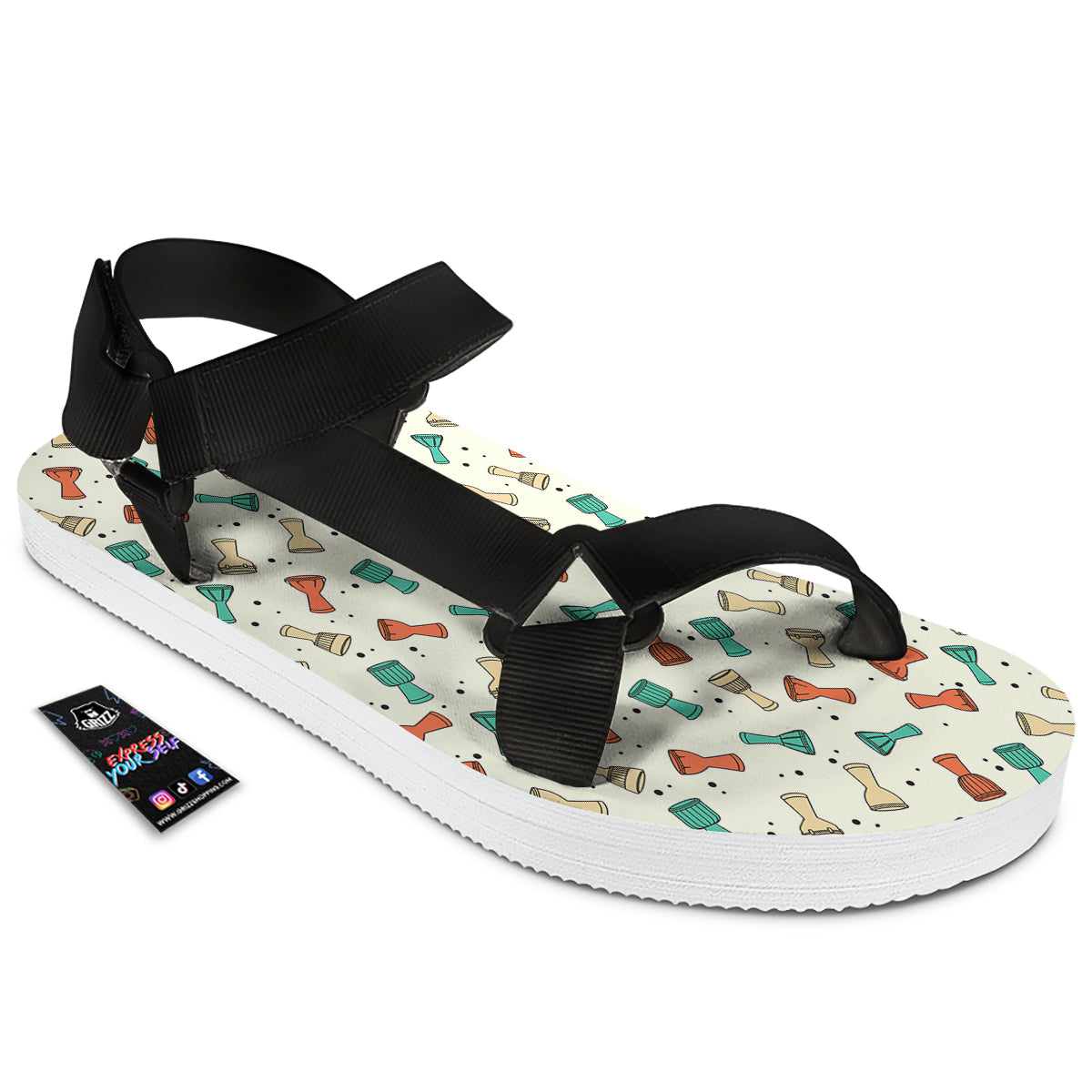 Cartoon Drum Print Pattern Black Open Toe Sandals-grizzshop